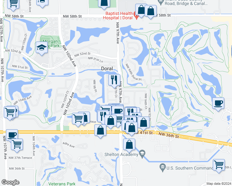 map of restaurants, bars, coffee shops, grocery stores, and more near 4667 Northwest 97th Court in Doral