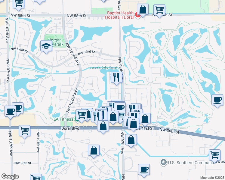 map of restaurants, bars, coffee shops, grocery stores, and more near 9764 Northwest 47th Terrace in Doral