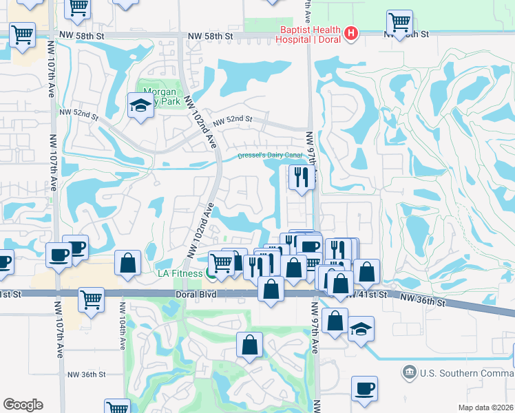 map of restaurants, bars, coffee shops, grocery stores, and more near 4737 Northwest 98th Place in Doral