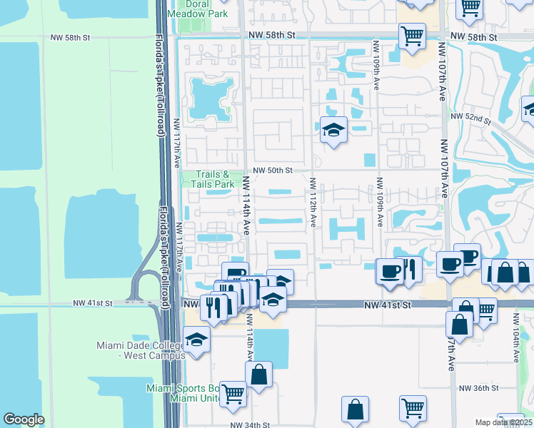 map of restaurants, bars, coffee shops, grocery stores, and more near 11336 Northwest 47th Lane in Doral