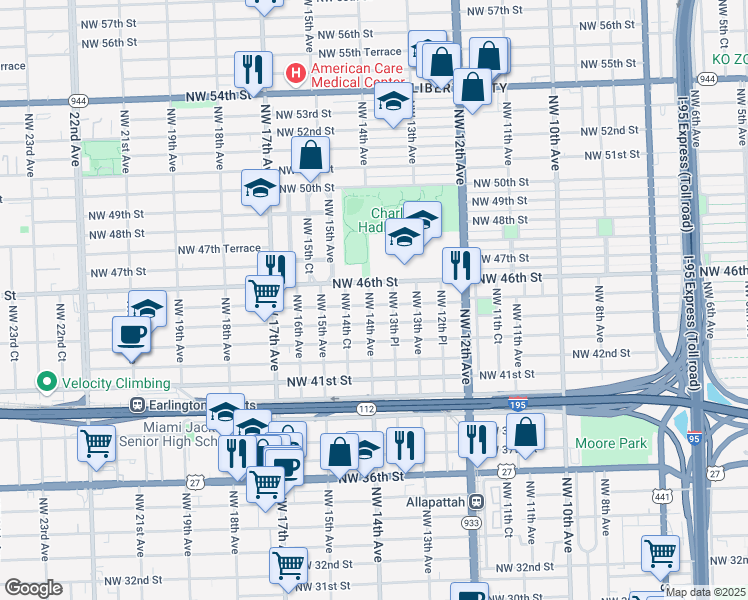 map of restaurants, bars, coffee shops, grocery stores, and more near 1391 Northwest 45th Street in Miami