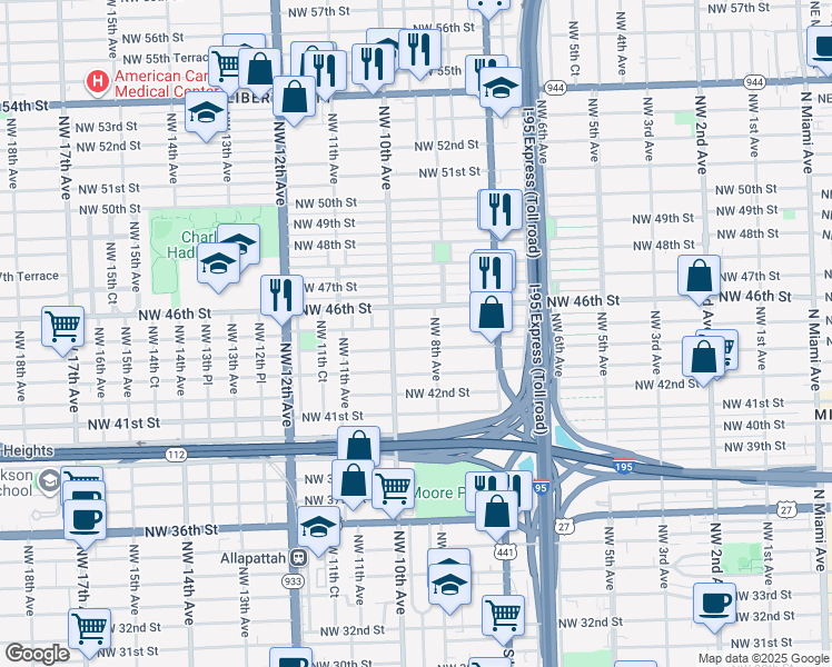 map of restaurants, bars, coffee shops, grocery stores, and more near 900 Northwest 45th Street in Miami