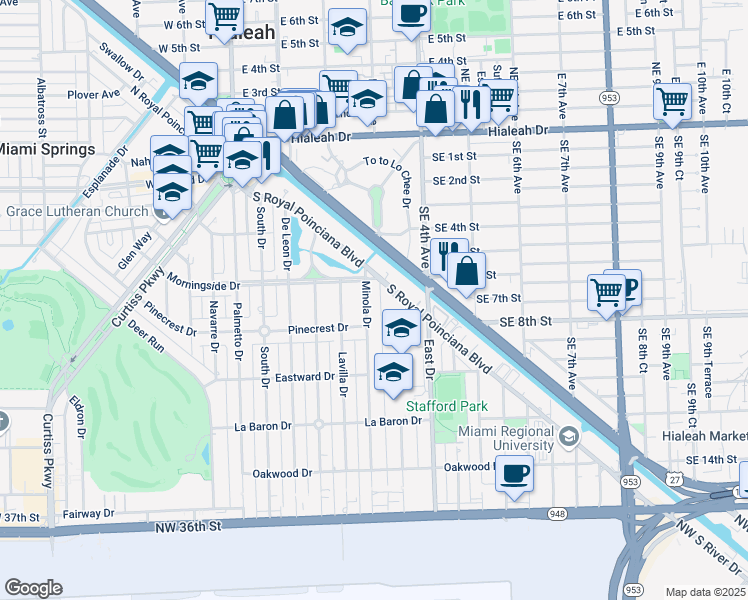 map of restaurants, bars, coffee shops, grocery stores, and more near 235 Minola Drive in Miami Springs