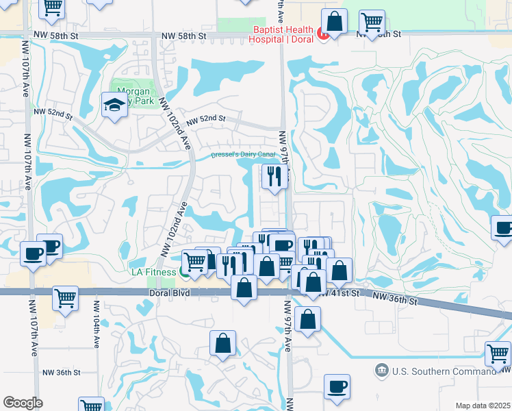 map of restaurants, bars, coffee shops, grocery stores, and more near 9764 Northwest 47th Terrace in Doral