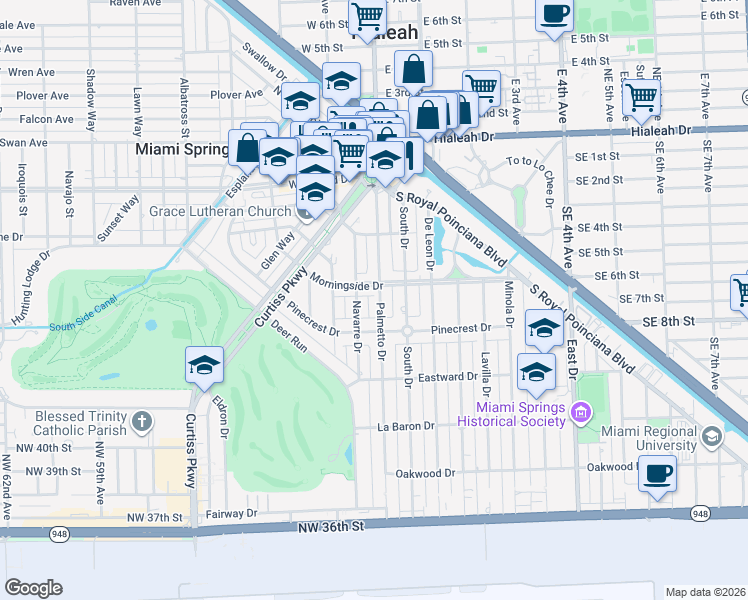 map of restaurants, bars, coffee shops, grocery stores, and more near 222 Palmetto Dr in Miami Springs