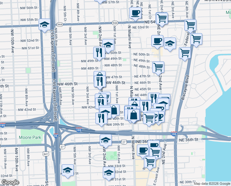 map of restaurants, bars, coffee shops, grocery stores, and more near in Miami