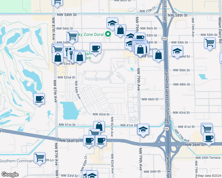 map of restaurants, bars, coffee shops, grocery stores, and more near 8144 Northwest 48th Terrace in Doral