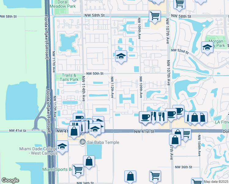 map of restaurants, bars, coffee shops, grocery stores, and more near 4748 Northwest 111th Court in Doral
