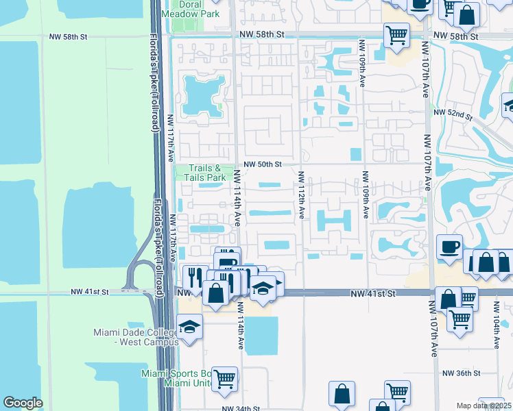 map of restaurants, bars, coffee shops, grocery stores, and more near 11336 Northwest 47th Lane in Doral