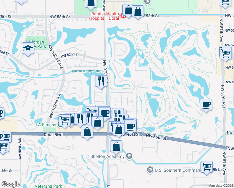 map of restaurants, bars, coffee shops, grocery stores, and more near 9534 Northwest 47th Terrace in Doral