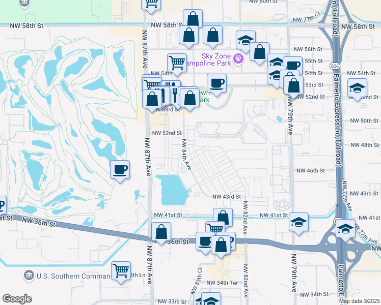 map of restaurants, bars, coffee shops, grocery stores, and more near 4946 Northwest 83rd Path in Doral