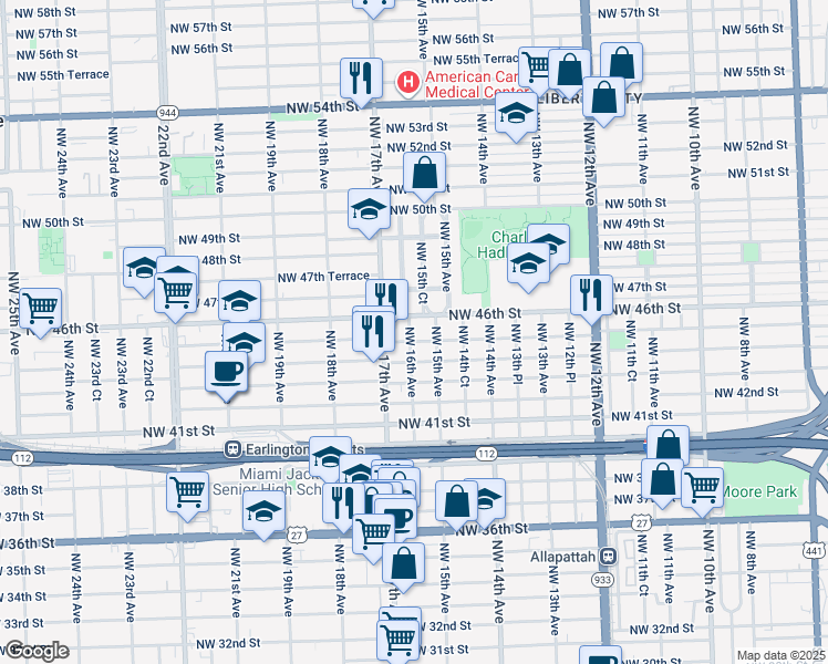map of restaurants, bars, coffee shops, grocery stores, and more near 4515 Northwest 16th Avenue in Miami