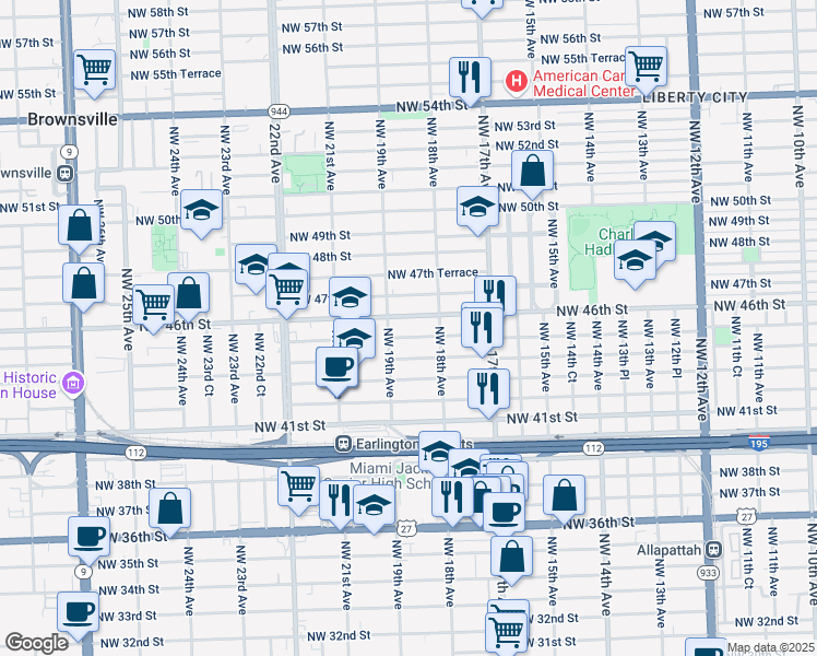 map of restaurants, bars, coffee shops, grocery stores, and more near 1865 Northwest 45th Street in Miami