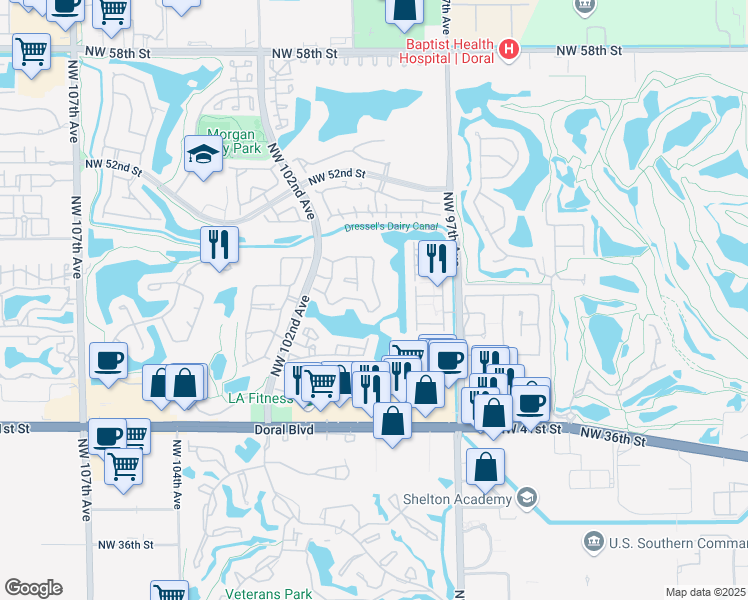 map of restaurants, bars, coffee shops, grocery stores, and more near 4737 Northwest 98th Place in Doral