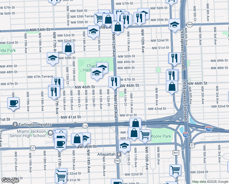 map of restaurants, bars, coffee shops, grocery stores, and more near 4454 Northwest 11th Place in Miami