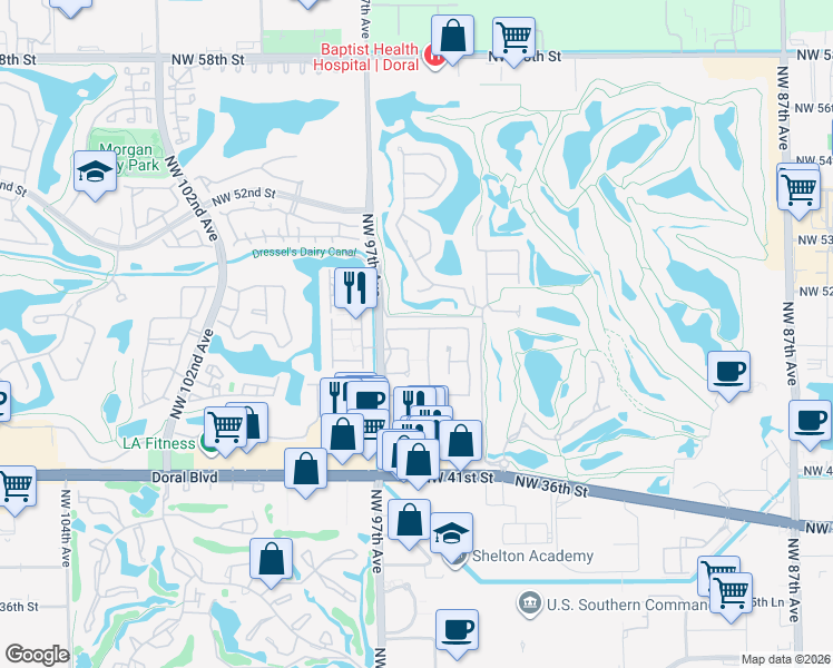 map of restaurants, bars, coffee shops, grocery stores, and more near 9526 Northwest 47th Terrace in Doral