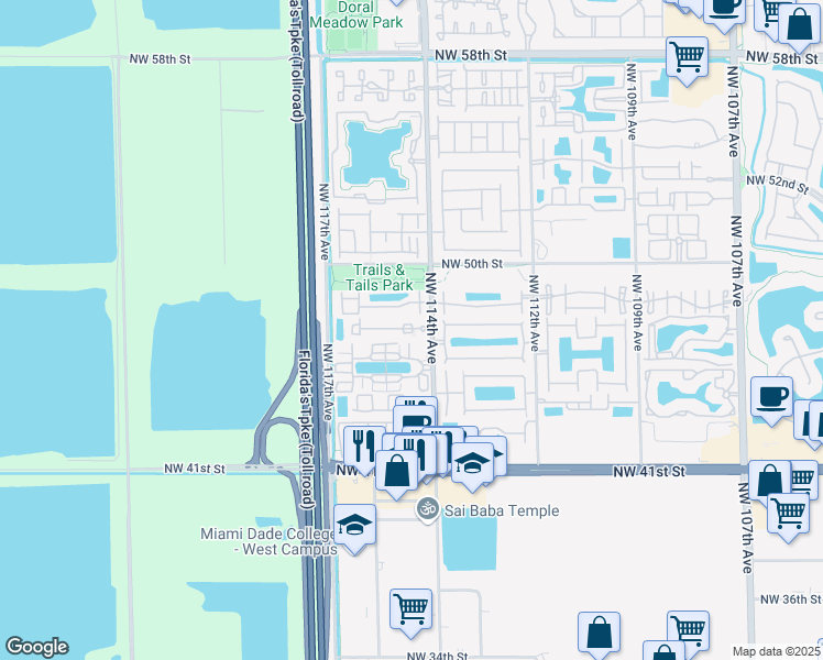 map of restaurants, bars, coffee shops, grocery stores, and more near 4708 Northwest 114th Avenue in Doral