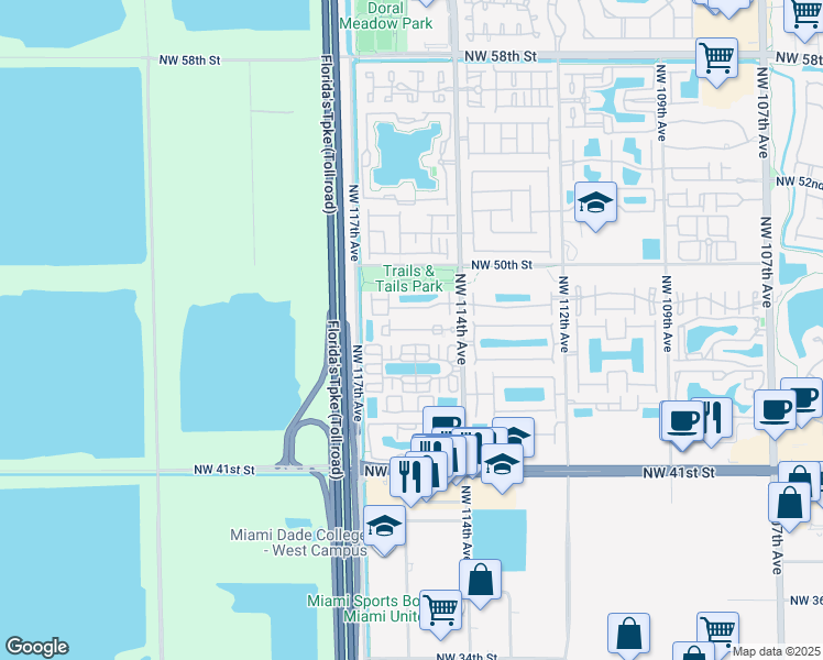 map of restaurants, bars, coffee shops, grocery stores, and more near 4720 Northwest 114th Avenue in Doral