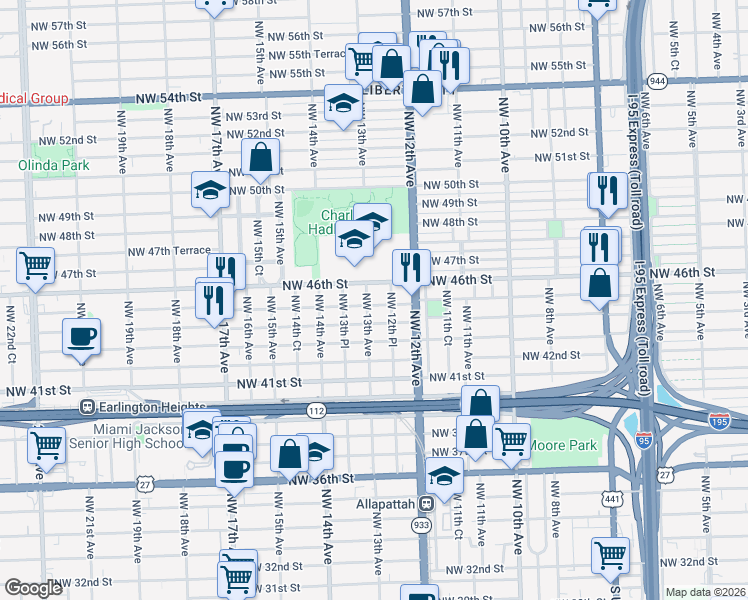 map of restaurants, bars, coffee shops, grocery stores, and more near 1245 Northwest 45th Street in Miami