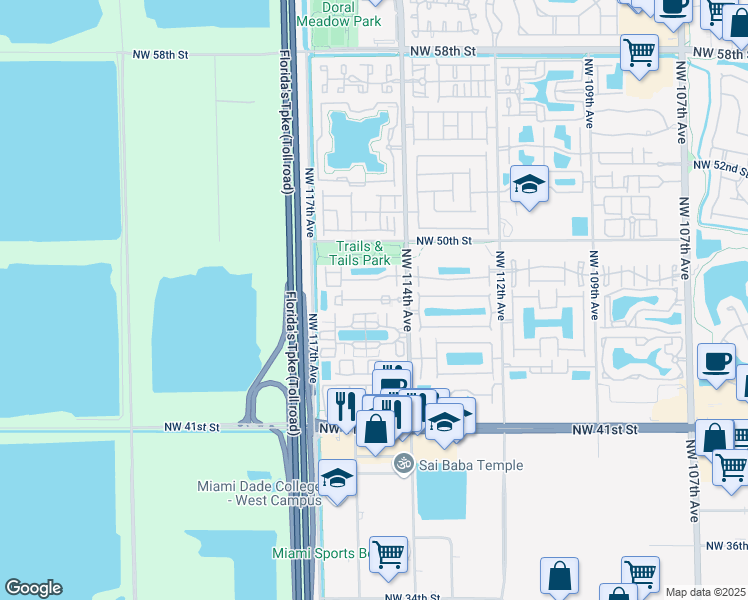 map of restaurants, bars, coffee shops, grocery stores, and more near 4716 Northwest 114th Avenue in Doral