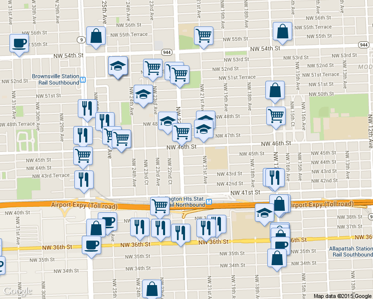 map of restaurants, bars, coffee shops, grocery stores, and more near 2180 NW 46th St in Miami