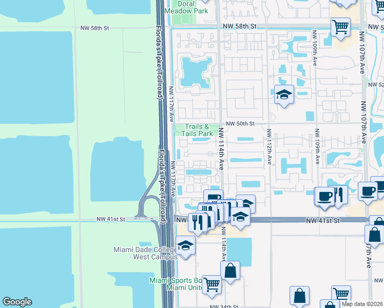 map of restaurants, bars, coffee shops, grocery stores, and more near 4748 Northwest 114th Avenue in Doral