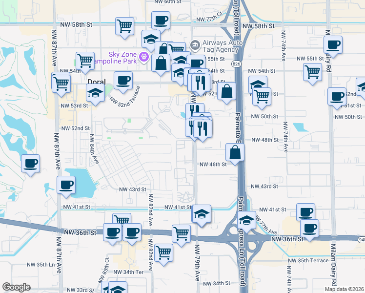 map of restaurants, bars, coffee shops, grocery stores, and more near 4620 Northwest 79th Avenue in Doral