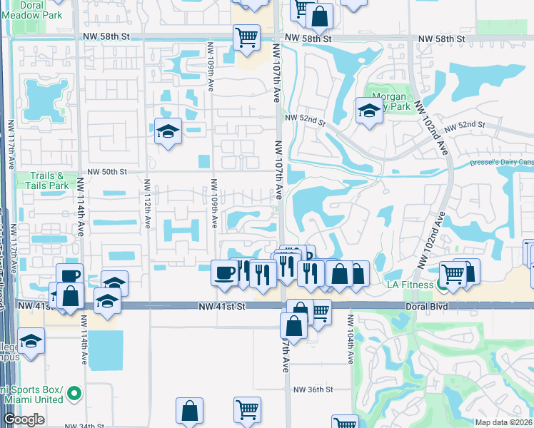 map of restaurants, bars, coffee shops, grocery stores, and more near 4700 Northwest 107th Avenue in Miami