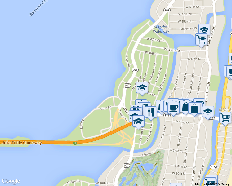 map of restaurants, bars, coffee shops, grocery stores, and more near 4330 North Bay Road in Miami Beach