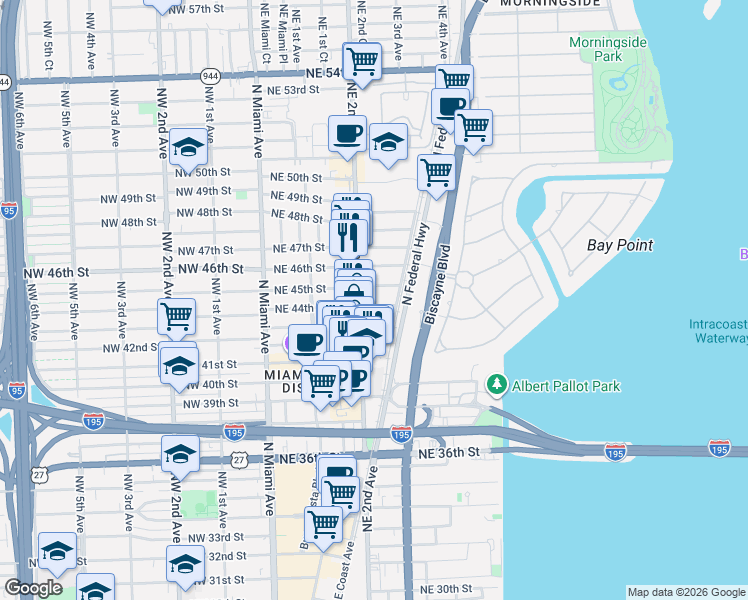 map of restaurants, bars, coffee shops, grocery stores, and more near 4416 Northeast 2nd Avenue in Miami