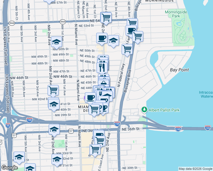 map of restaurants, bars, coffee shops, grocery stores, and more near 4416 Northeast 2nd Avenue in Miami