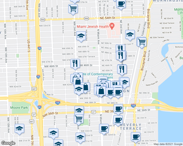 map of restaurants, bars, coffee shops, grocery stores, and more near in Miami