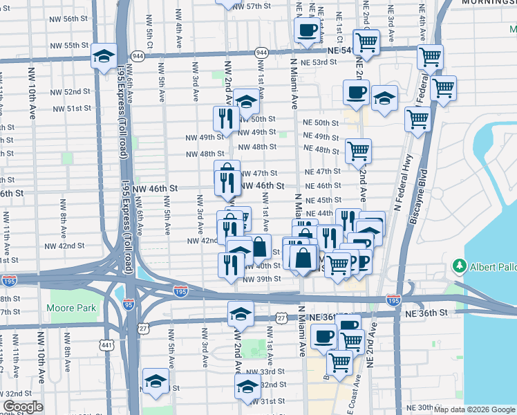 map of restaurants, bars, coffee shops, grocery stores, and more near in Miami