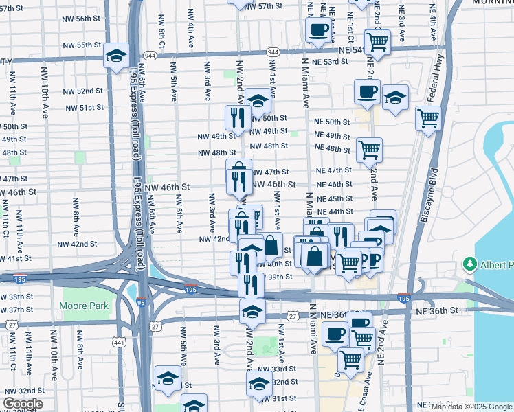 map of restaurants, bars, coffee shops, grocery stores, and more near 180 Northwest 45th Street in Miami