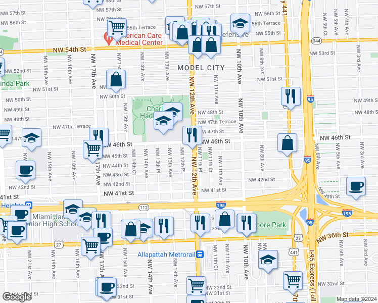 map of restaurants, bars, coffee shops, grocery stores, and more near 1245 Northwest 45th Street in Miami