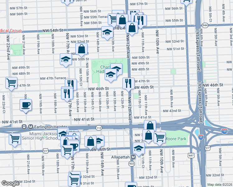 map of restaurants, bars, coffee shops, grocery stores, and more near 1321 Northwest 45th Street in Miami