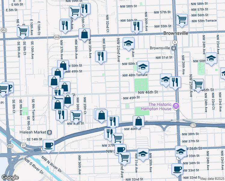 map of restaurants, bars, coffee shops, grocery stores, and more near 3265 Northwest 46th Street in Miami