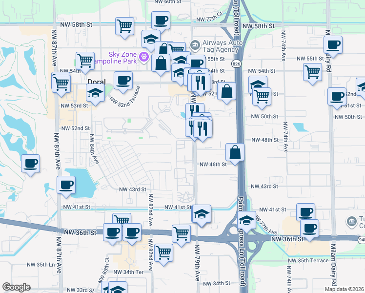 map of restaurants, bars, coffee shops, grocery stores, and more near 4620 Northwest 79th Avenue in Doral
