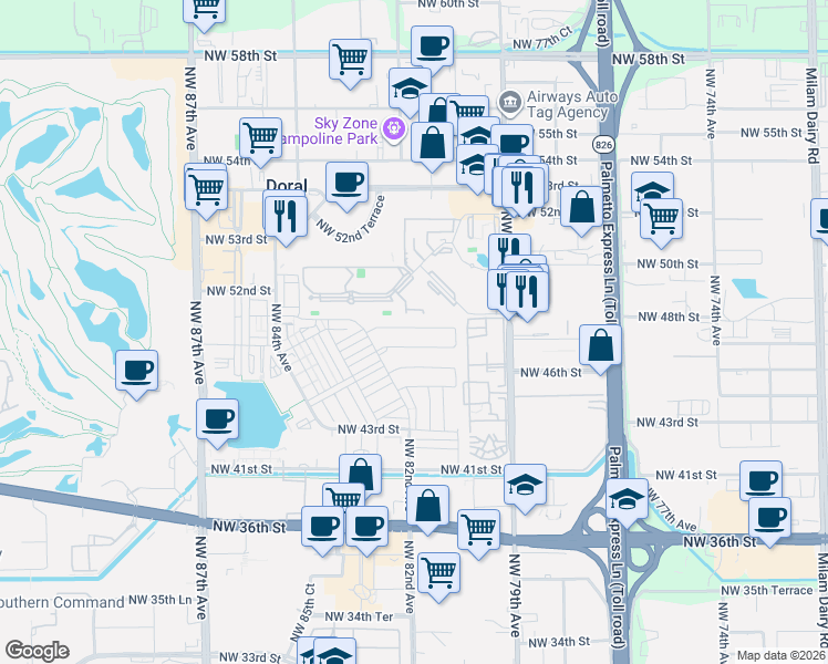 map of restaurants, bars, coffee shops, grocery stores, and more near 8144 Northwest 48th Terrace in Doral