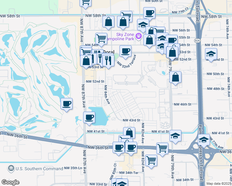map of restaurants, bars, coffee shops, grocery stores, and more near 4834 Northwest 83rd Avenue in Doral