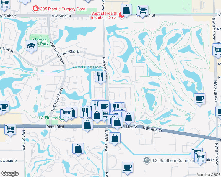 map of restaurants, bars, coffee shops, grocery stores, and more near 4667 Northwest 97th Court in Doral