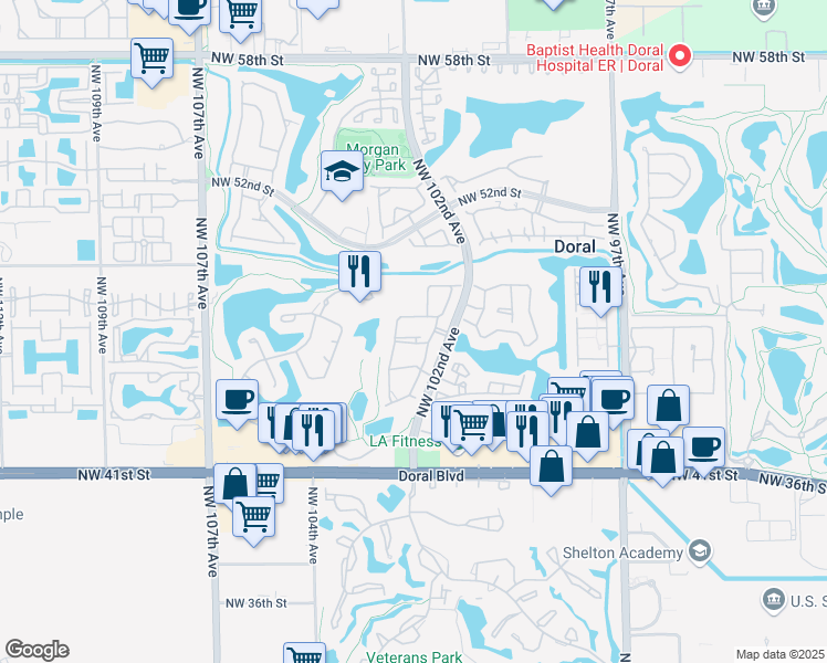 map of restaurants, bars, coffee shops, grocery stores, and more near 4710 Northwest 102nd Avenue in Doral
