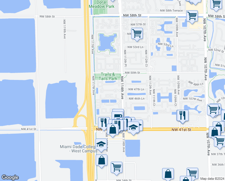 map of restaurants, bars, coffee shops, grocery stores, and more near 4720 Northwest 114th Avenue in Doral