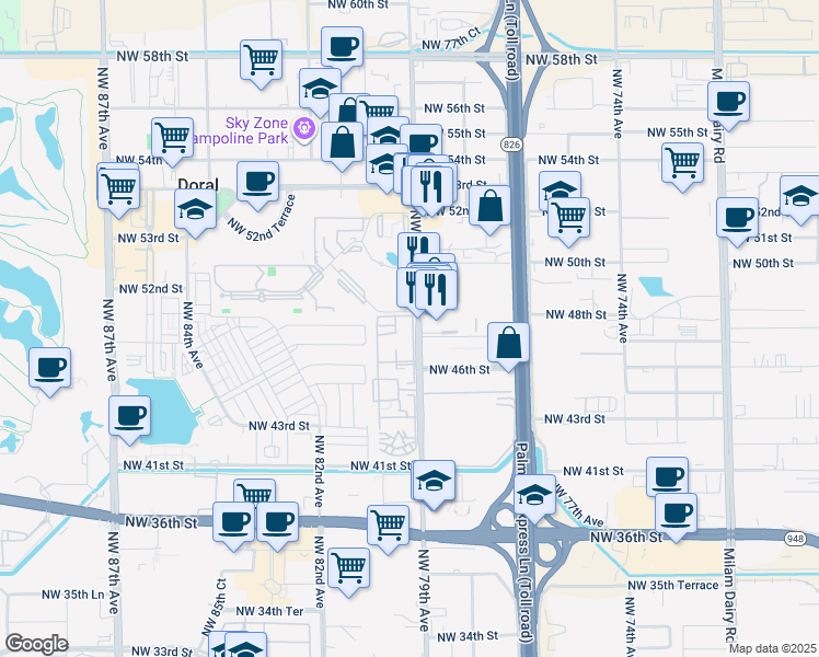 map of restaurants, bars, coffee shops, grocery stores, and more near 4620 Northwest 79th Avenue in Doral