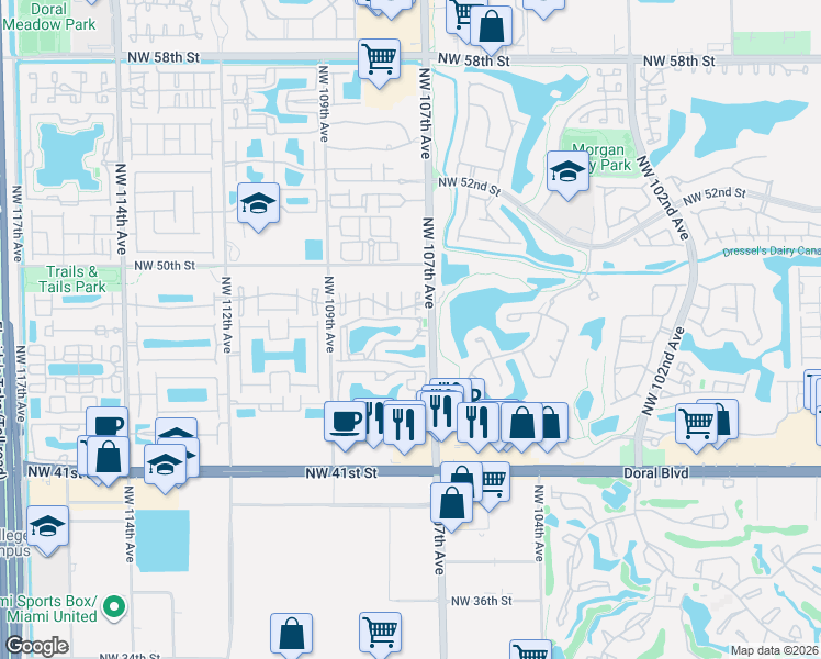 map of restaurants, bars, coffee shops, grocery stores, and more near 4790 Northwest 107th Avenue in Doral
