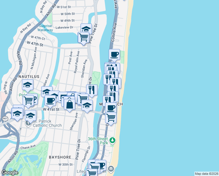 map of restaurants, bars, coffee shops, grocery stores, and more near 4401 Collins Avenue in Miami Beach