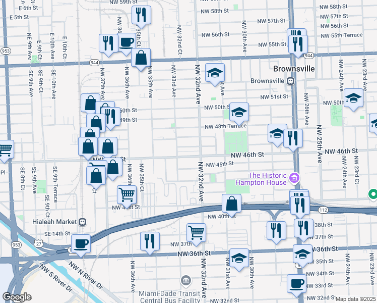 map of restaurants, bars, coffee shops, grocery stores, and more near 3265 Northwest 46th Street in Miami