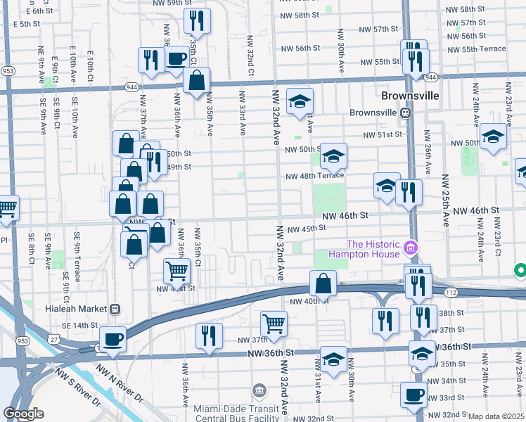 map of restaurants, bars, coffee shops, grocery stores, and more near 3220 Northwest 47th Street in Miami