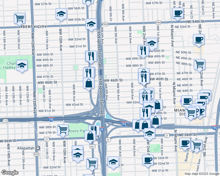 map of restaurants, bars, coffee shops, grocery stores, and more near 560 Northwest 45th Street in Miami