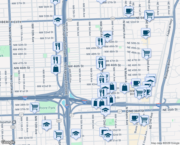 map of restaurants, bars, coffee shops, grocery stores, and more near 4412 Northwest 3rd Avenue in Miami
